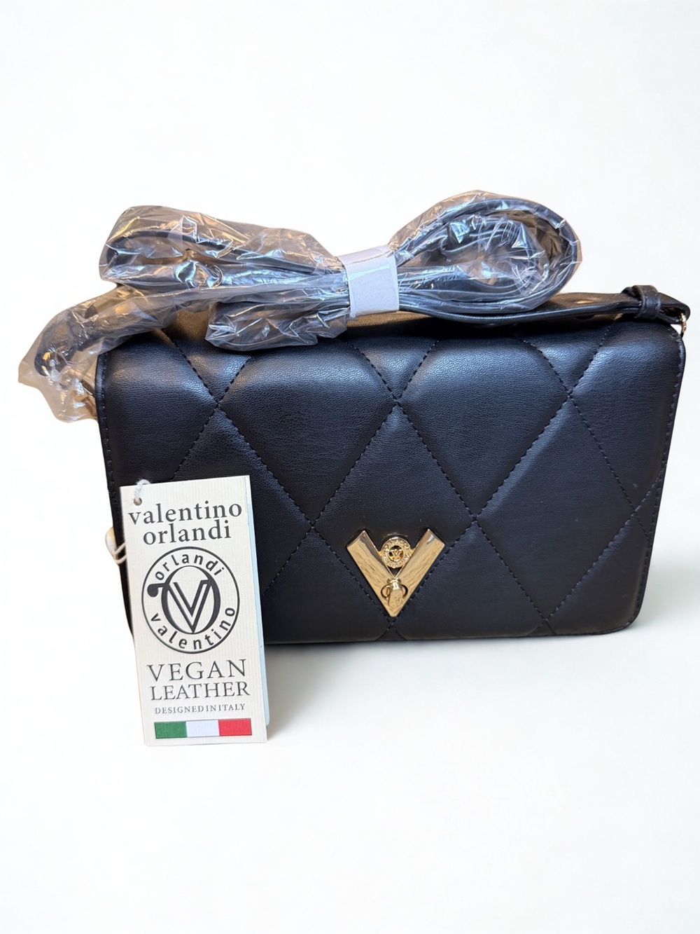 Valentino Orlandi Black Quilted Crossbody with Gold V-Clasp